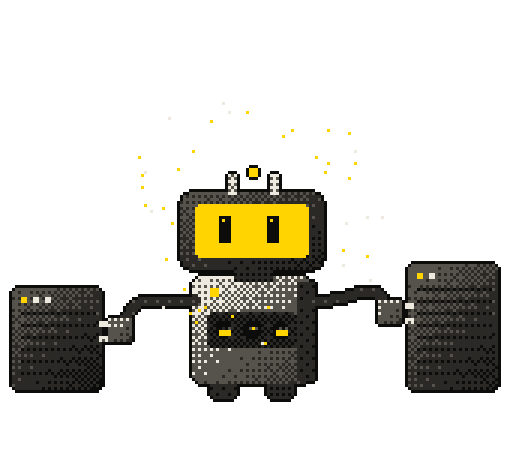 Patch, a connector box with a yellow visor, plugged into two tool servers